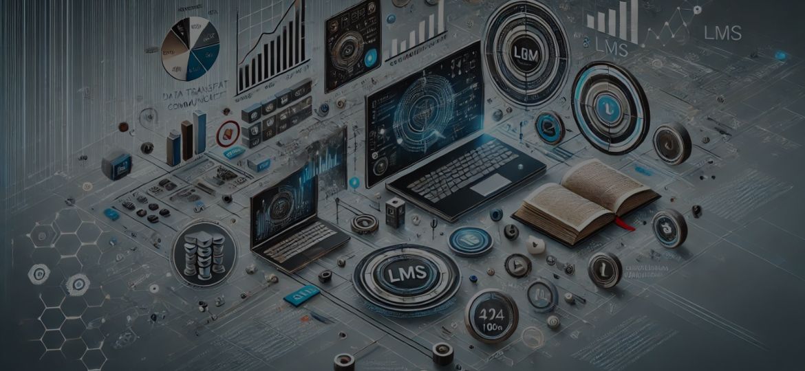 Futuristic background showing LMS technology with data visualizations, charts, laptops, and digital elements representing e-learning systems.