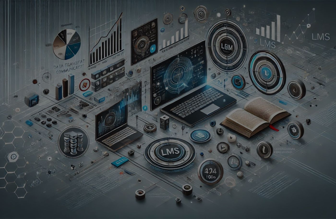 Futuristic background showing LMS technology with data visualizations, charts, laptops, and digital elements representing e-learning systems.